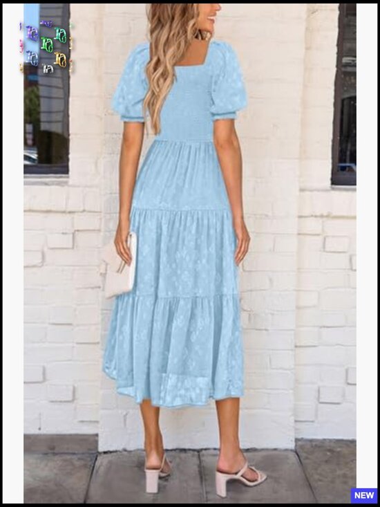 Floral Smocked Midi Dress Square Neck Boho Elegant Summer Casual Flowy - Picture 2 of 7